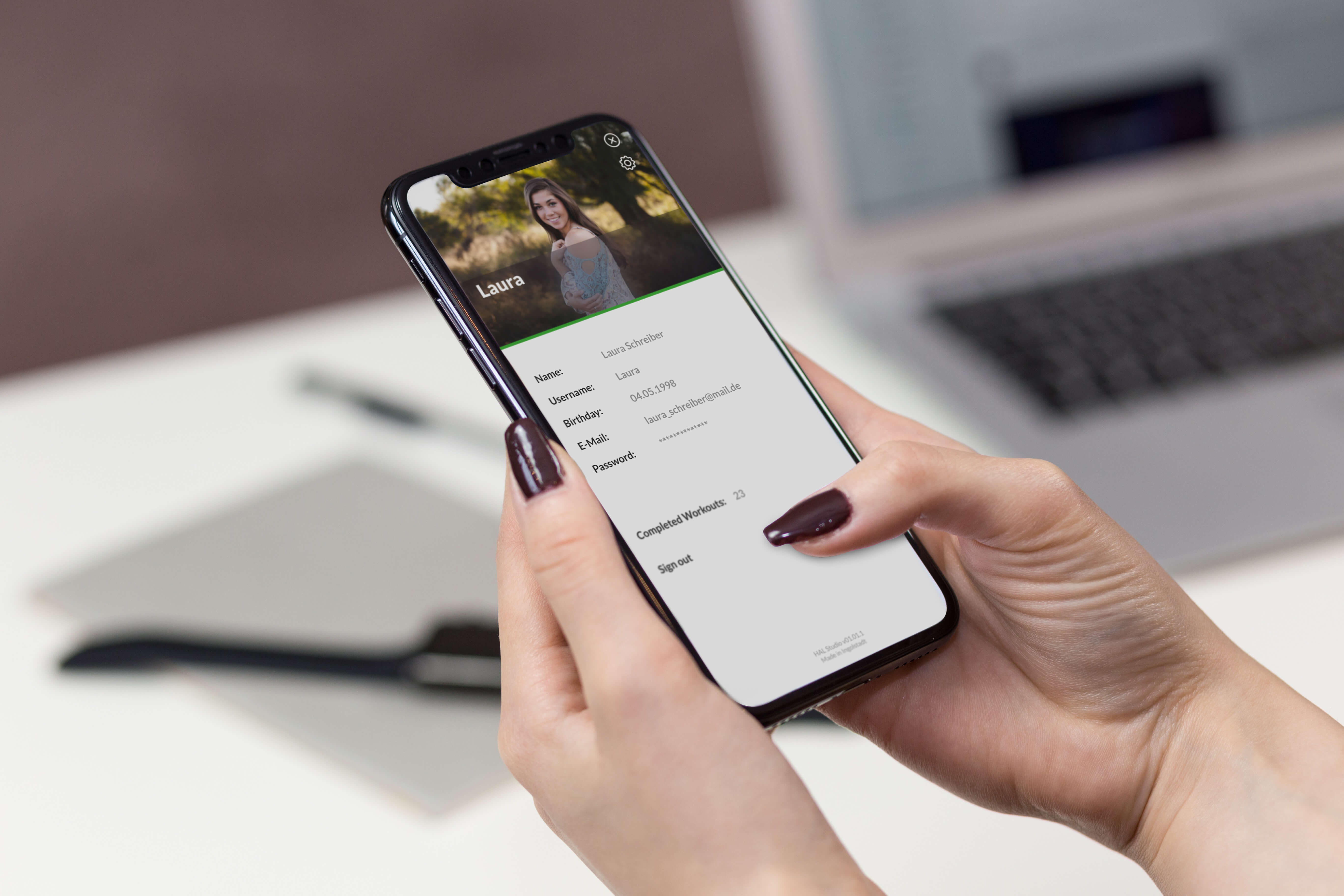 Woman looks at her Hal Studio profile